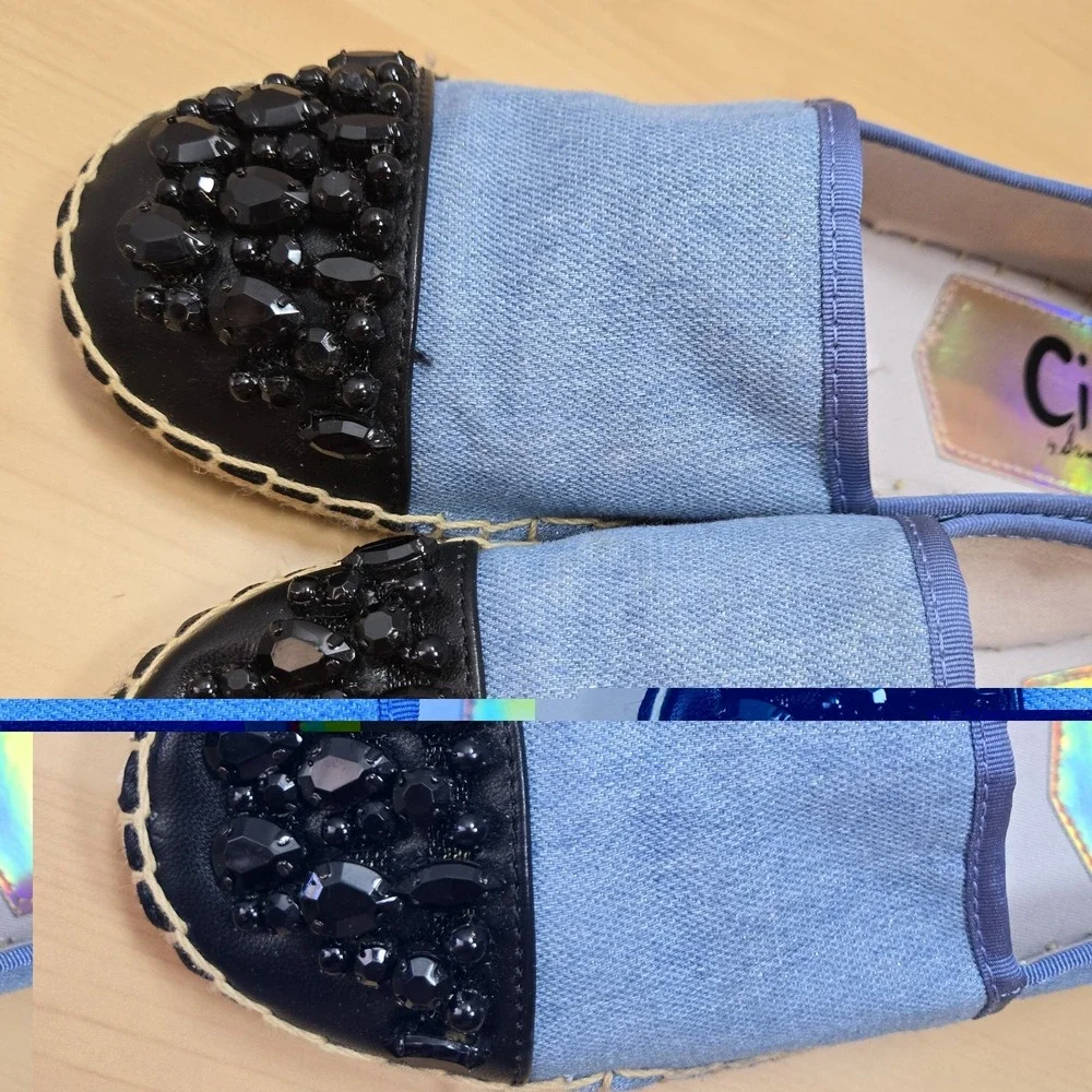 Circus by Sam Edelman Blue Espadrille Flats Black Beaded Toe Women's Size 8